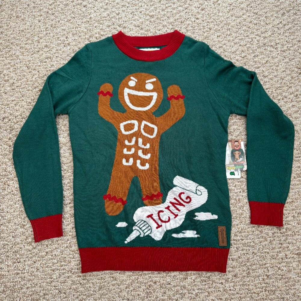 Tipsy Elves‎ Ugly Christmas Sweater Men's S Gingerbread Man Icing 6 packs